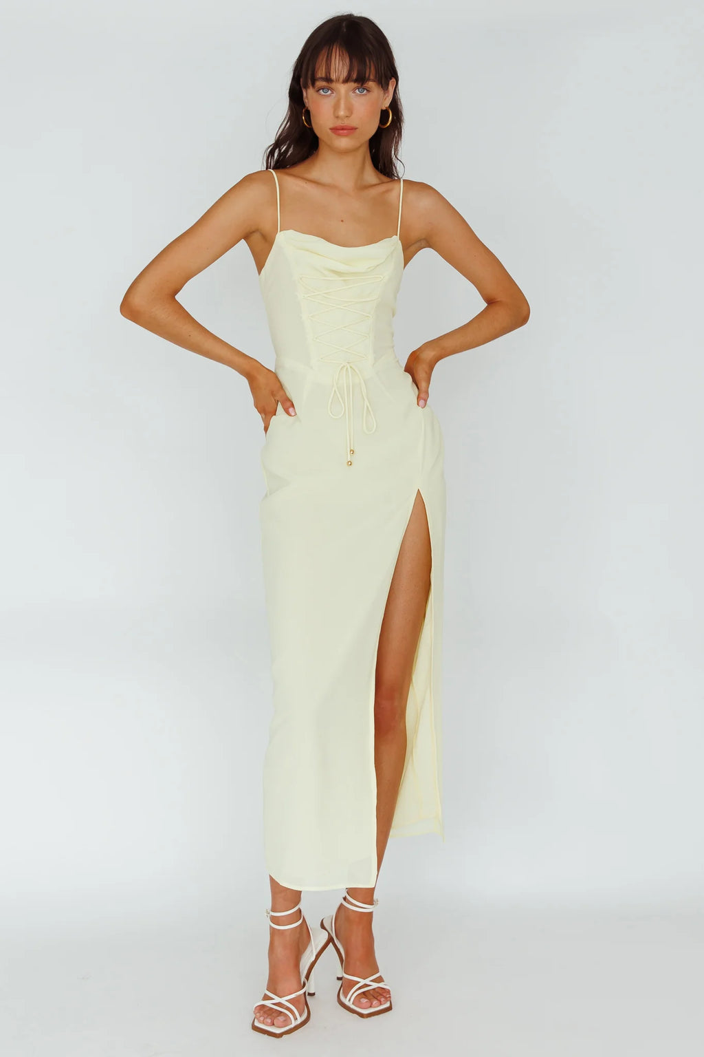 Ryanna Laced Bodice Split Midi Dress Yellow