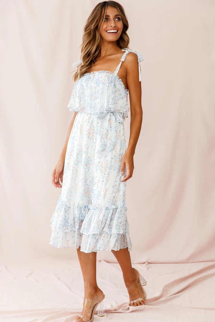 Maeve Shoulder Tie Layered Ruffle Dress White