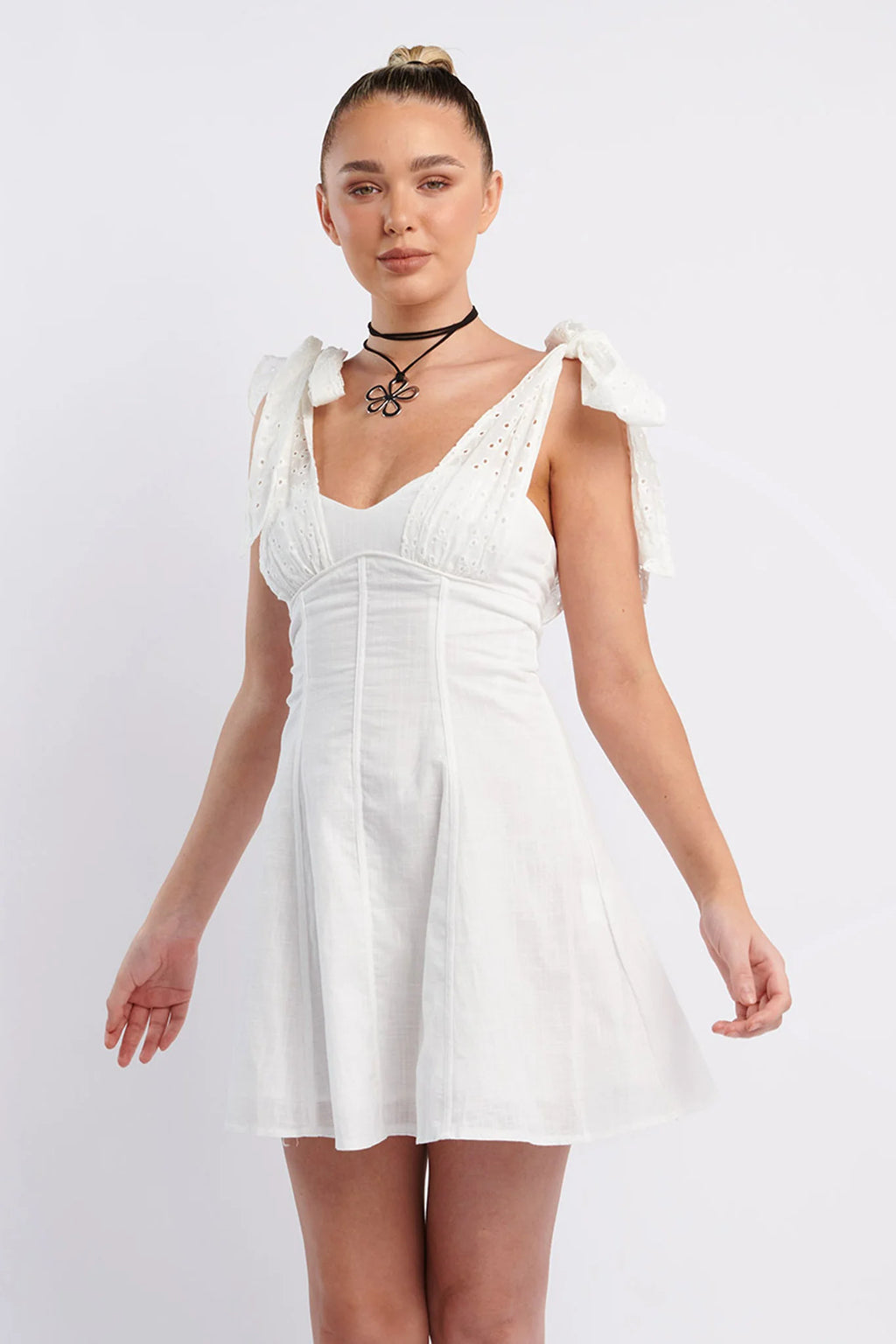 Kellie Bow Shoulder Mini Dress White
