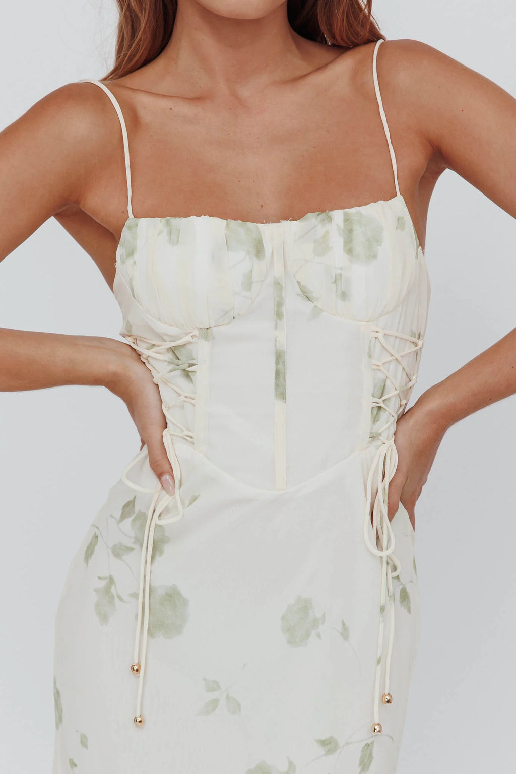 Graziella Laced Corset Midi Dress Floral Green