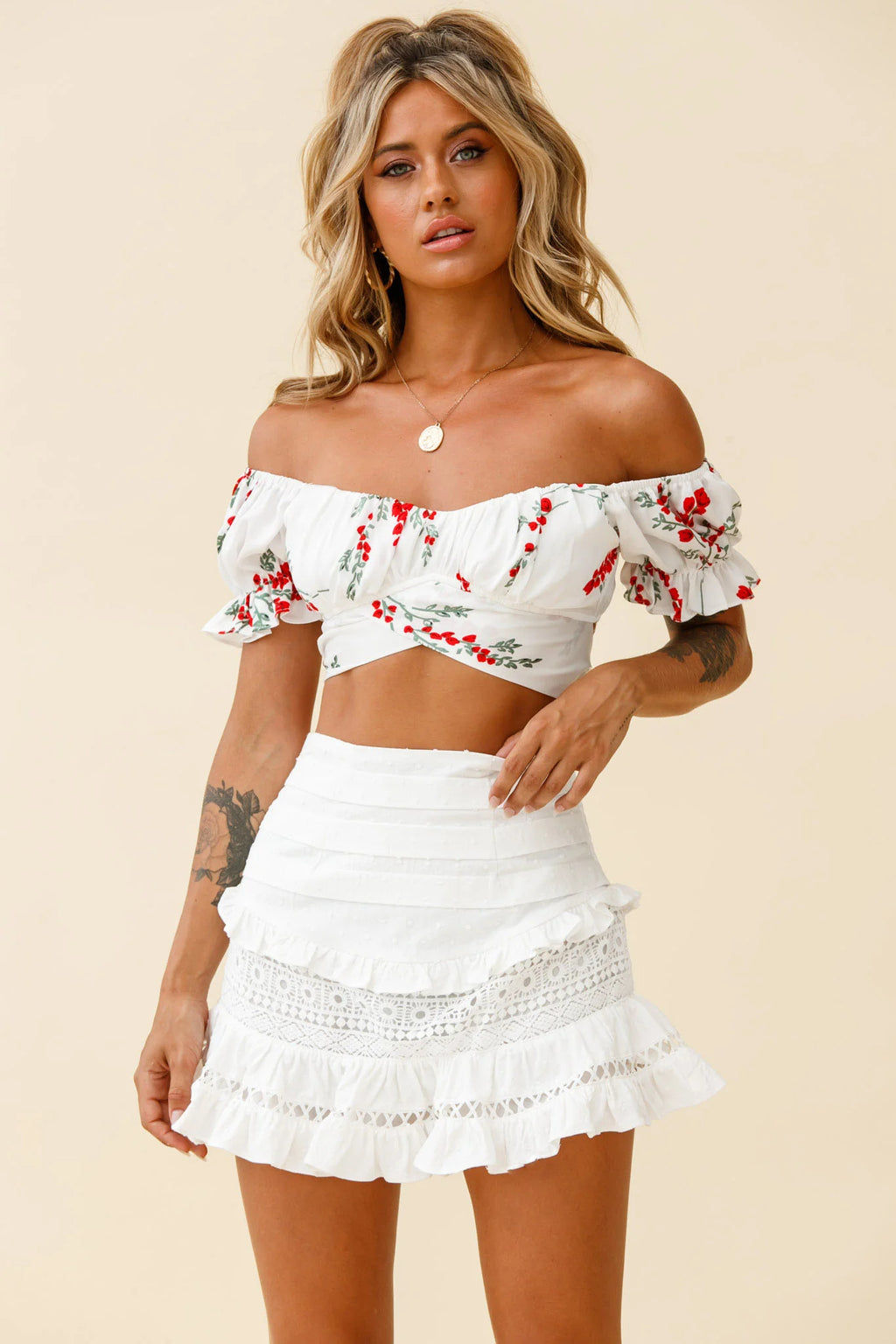 Linka Off-Shoulder Tie-Back Crop Top Red Floral Print White