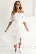 Renoir Off-Shoulder Frill Trim Midi Dress White