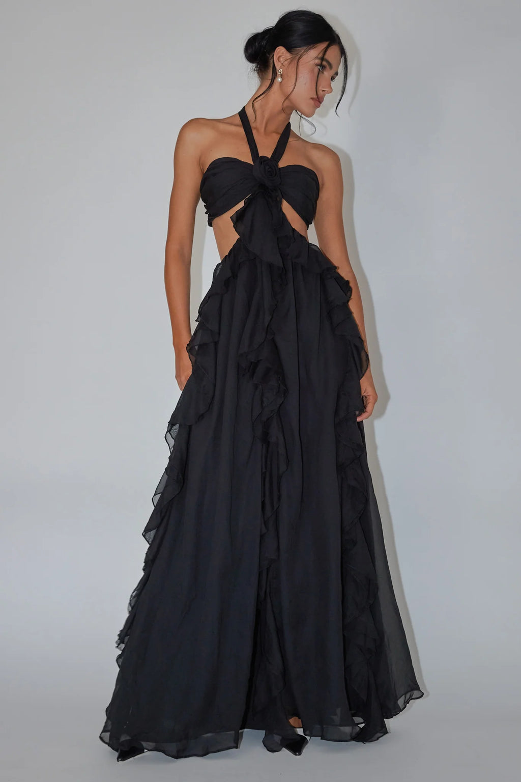 Santiago Cut-Out Ruffle Maxi Dress Black