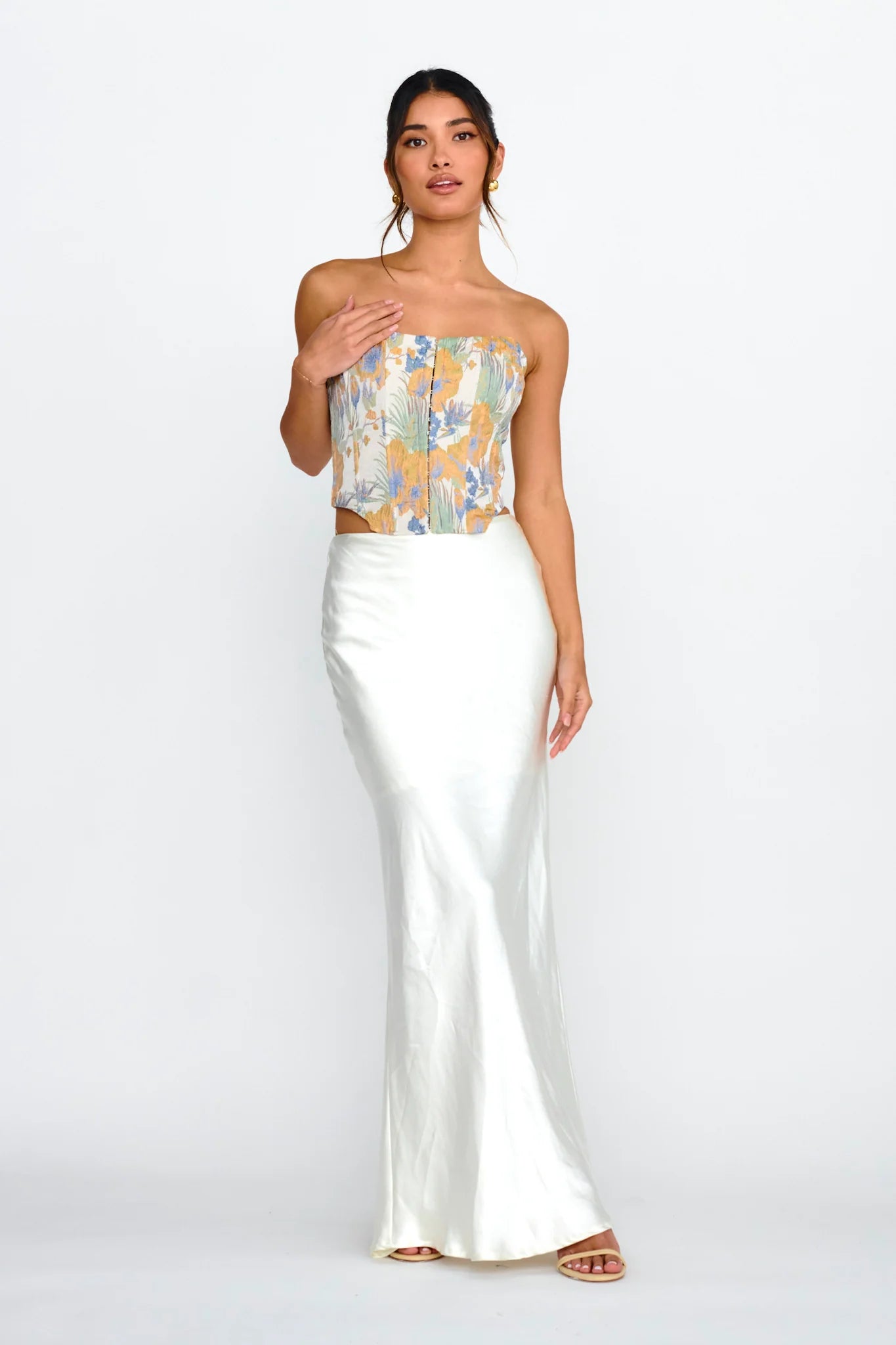 First Date Feels Corset Crop Top Floral Tan