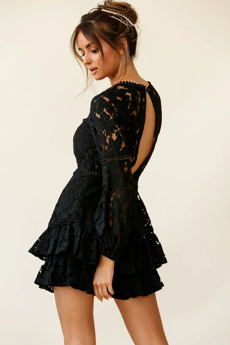 Henrietta Lace Overlay Long Sleeve Ruffle Dress Black