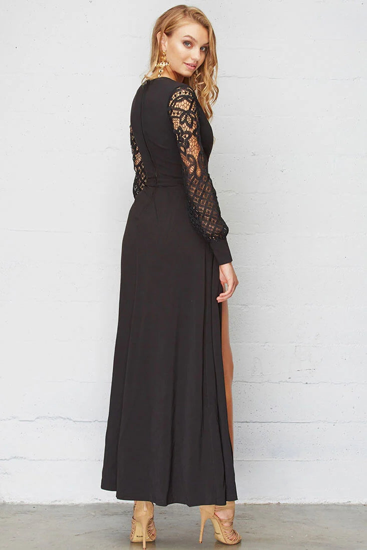 Vana Lacey Crochet Maxi Romper Black