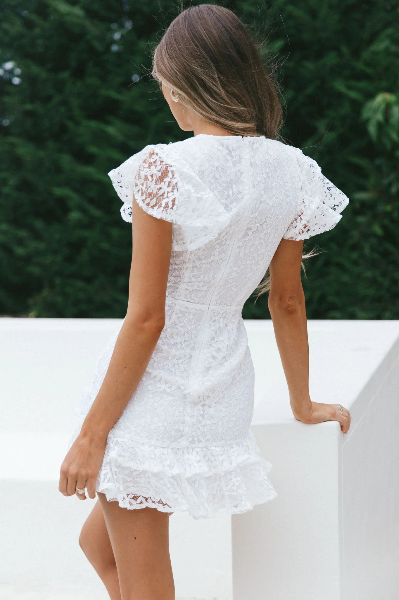 Lark Crew Neck Ruffle Sleeve Dress Lace Overlay White