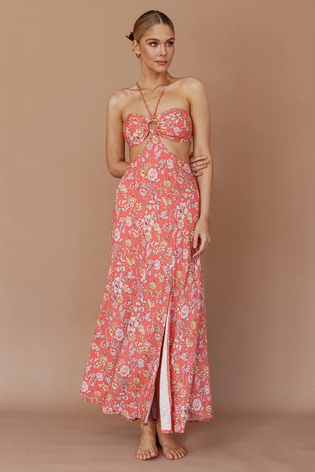 Amorcito Cut-Out Waist Midi Dress Floral Red