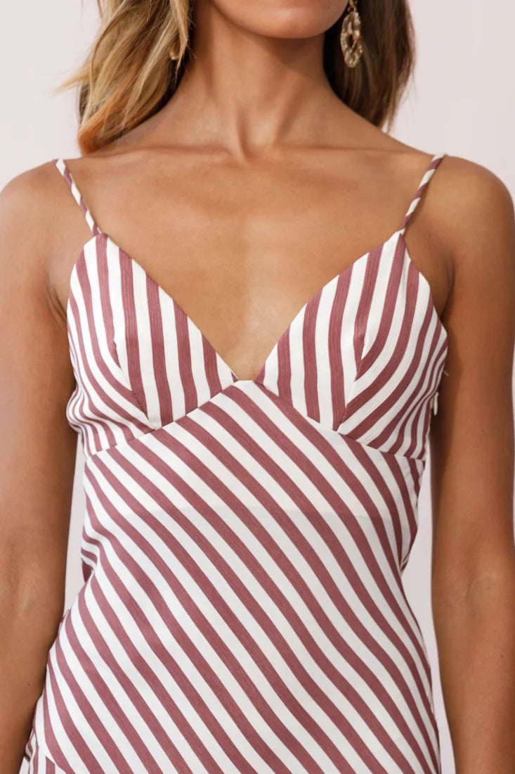 Downtown Cami Strap Front Split Midi Dress Stripe Print Rose