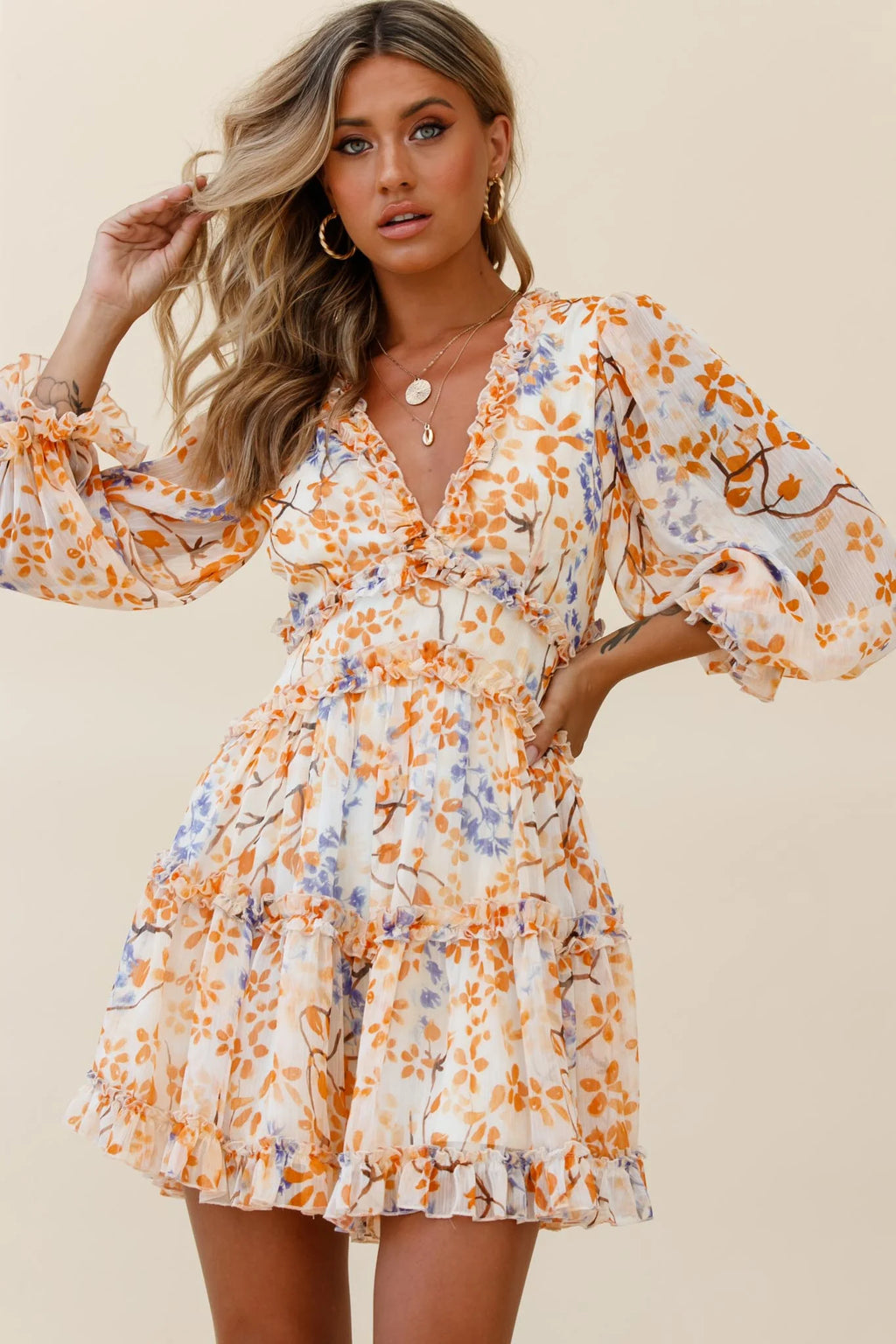Laney Cutout Back Frill Trim Dress Floral Pattern Orange