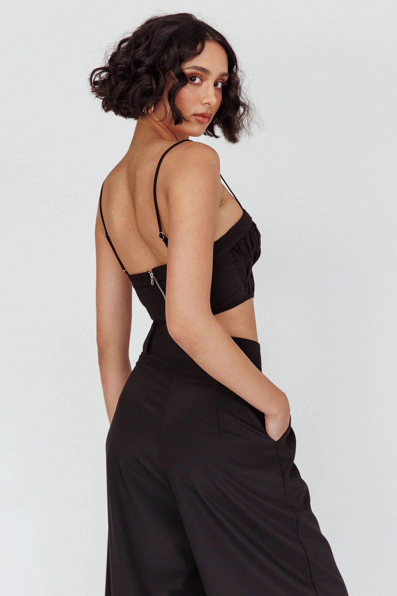 Regal Ruched Cami Crop Top Black