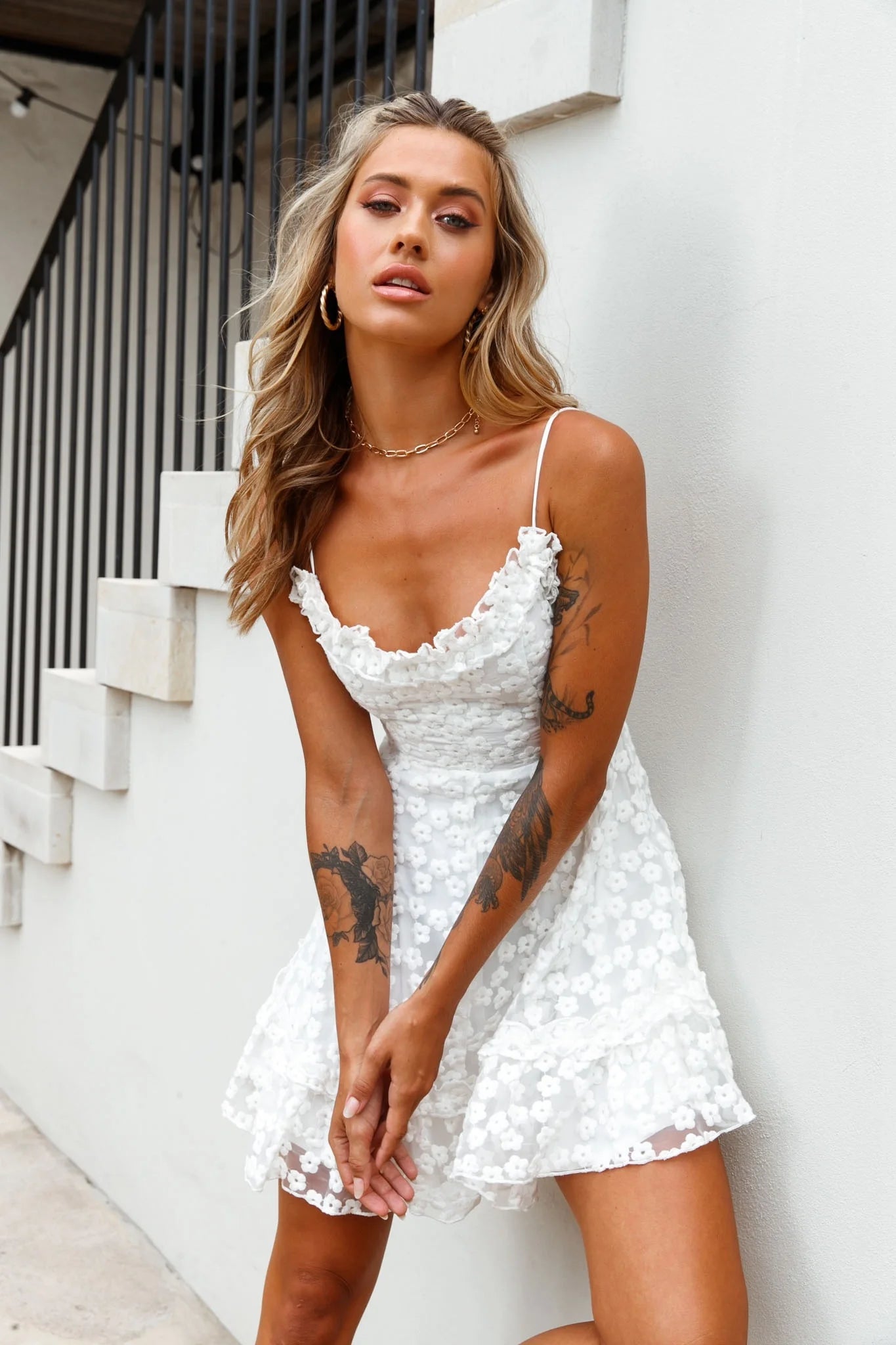 Summer Daze Frill Bust Floral Embroidered Overlay Dress White