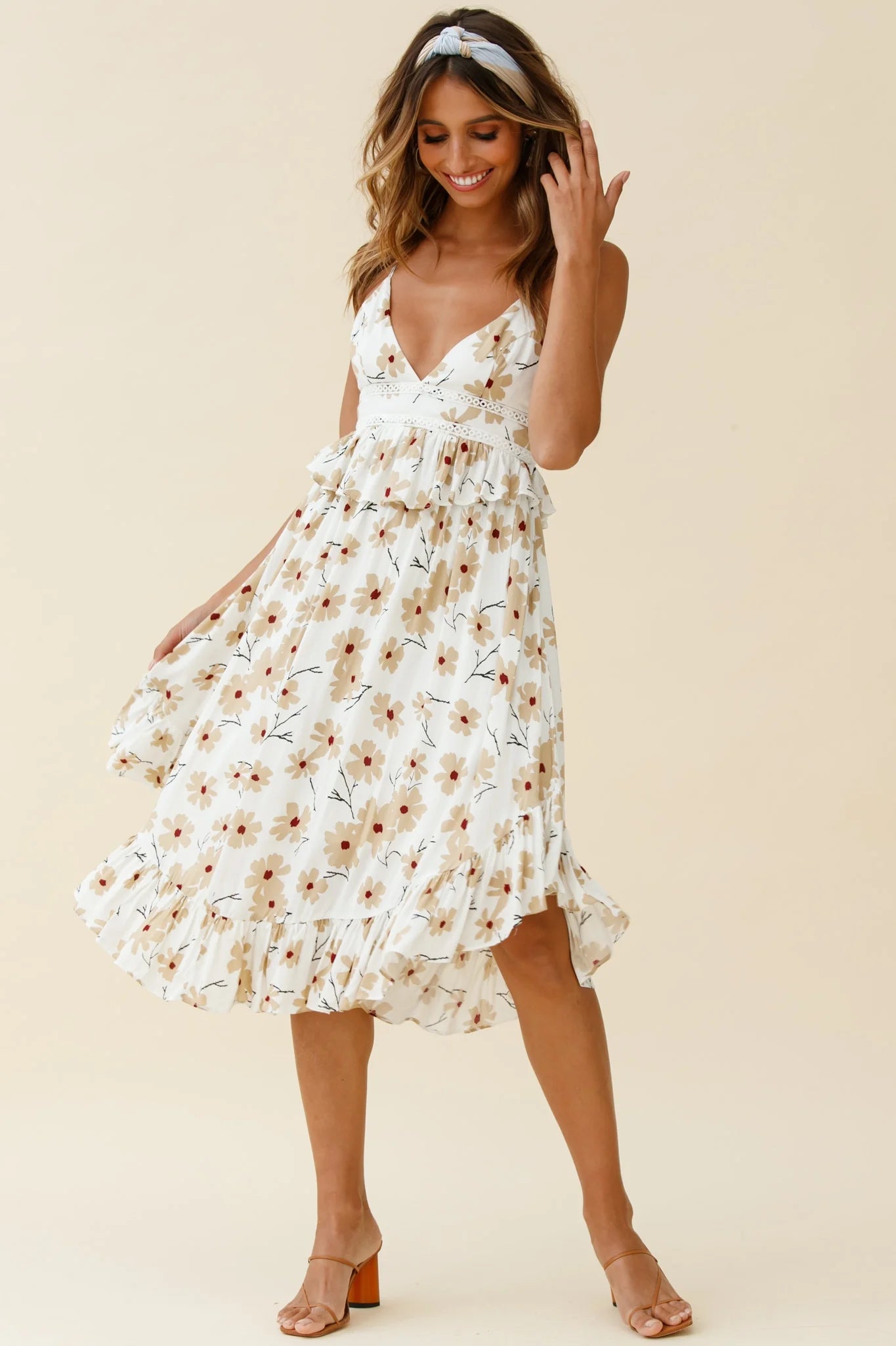 Marigold Peplum Midi Ruffle Dress Floral Print White