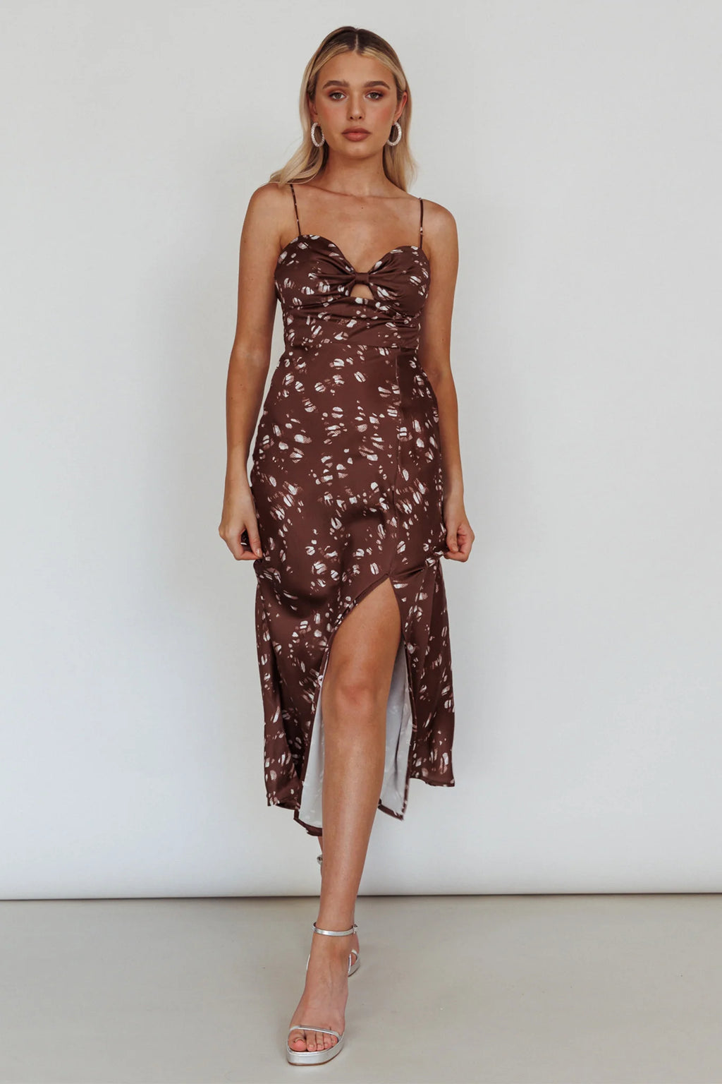 Missoula Cami Strap Padded Bust Midi Dress Printed Brown