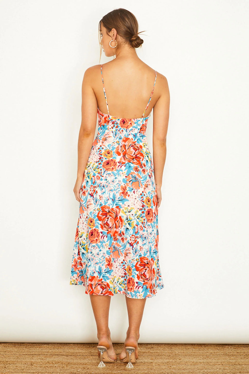 Malibu Gathered Bust Cami Strap Midi Dress Floral Orange