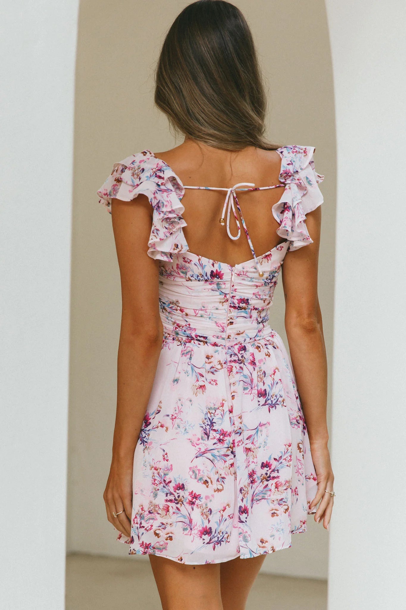Lola Ruffle Shoulder Ruched Dress Floral Print Pink