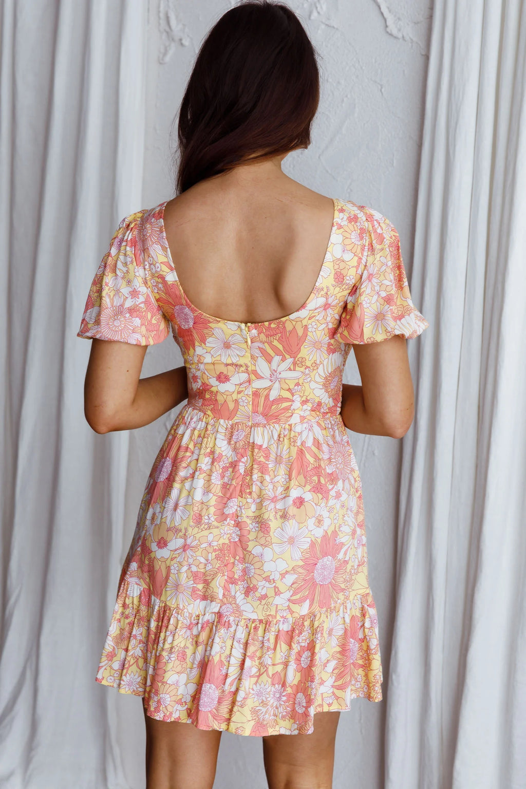 Crystal Shores Shirred Bust Mini Dress Floral Yellow