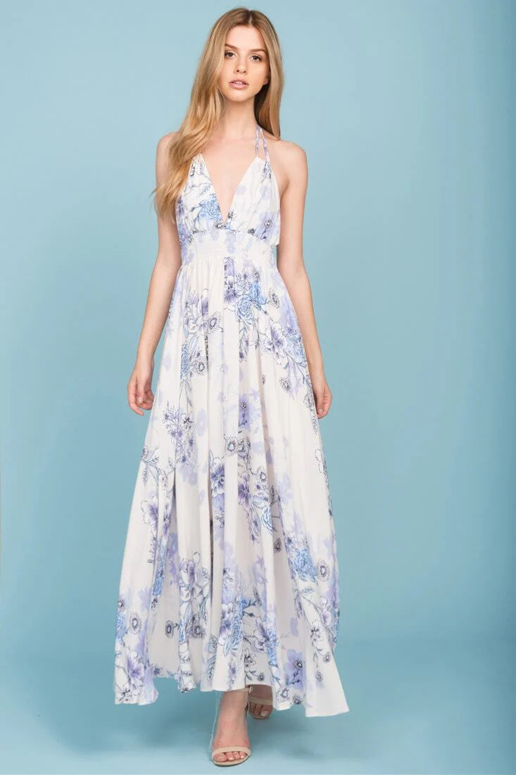 Baylor Floral Print Open Back Maxi Dress Beige