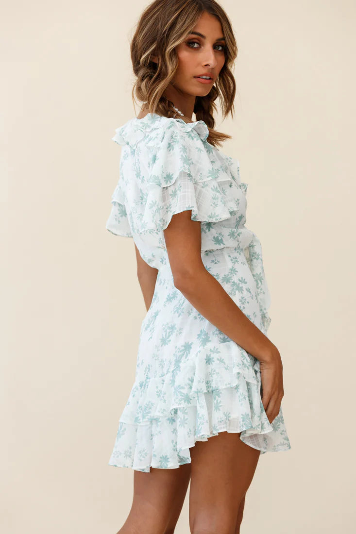 Aubrey Tied Bust Ruffle Trim Dress Floral Print Green