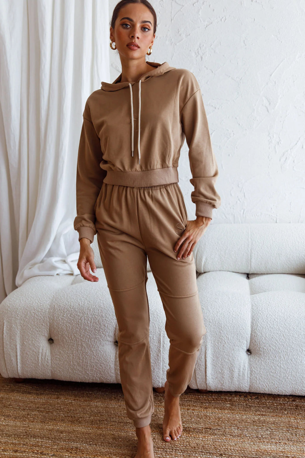 Glow Getter Elasticated Waist Embroidery Logo Jogger Pants Beige