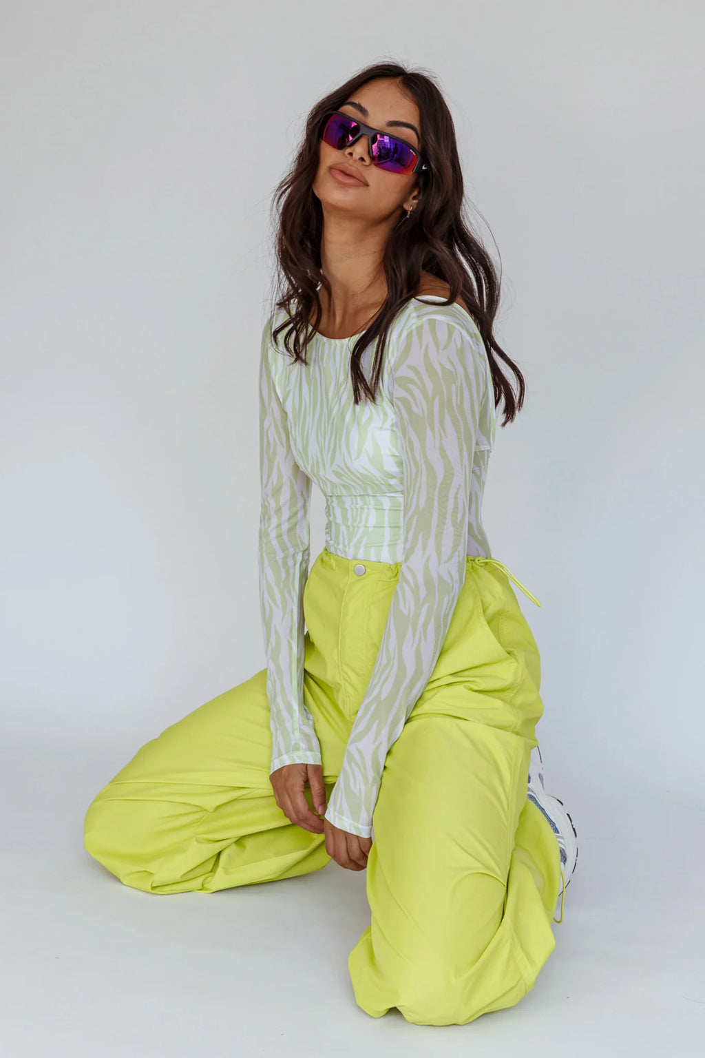 Juni Long Sleeve Low Back Mesh Bodysuit Tiger Lime