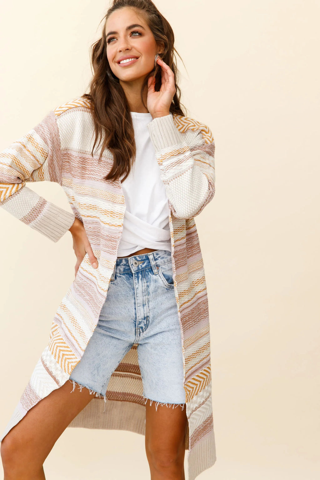 Sabine Long Line Textured Knit Cardigan Beige