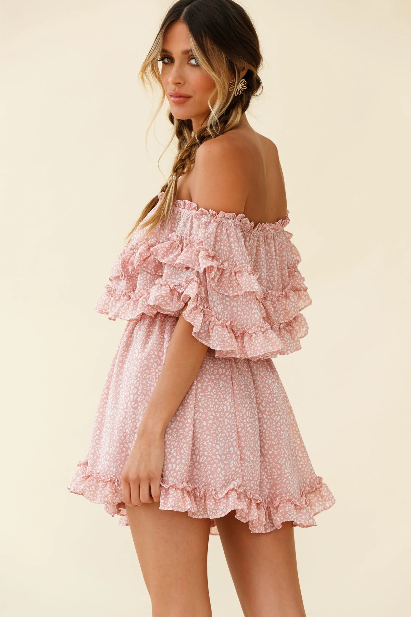 Meet Me At Sunset Bardot Neckline Frill Trim Dress Speckle Print Pink