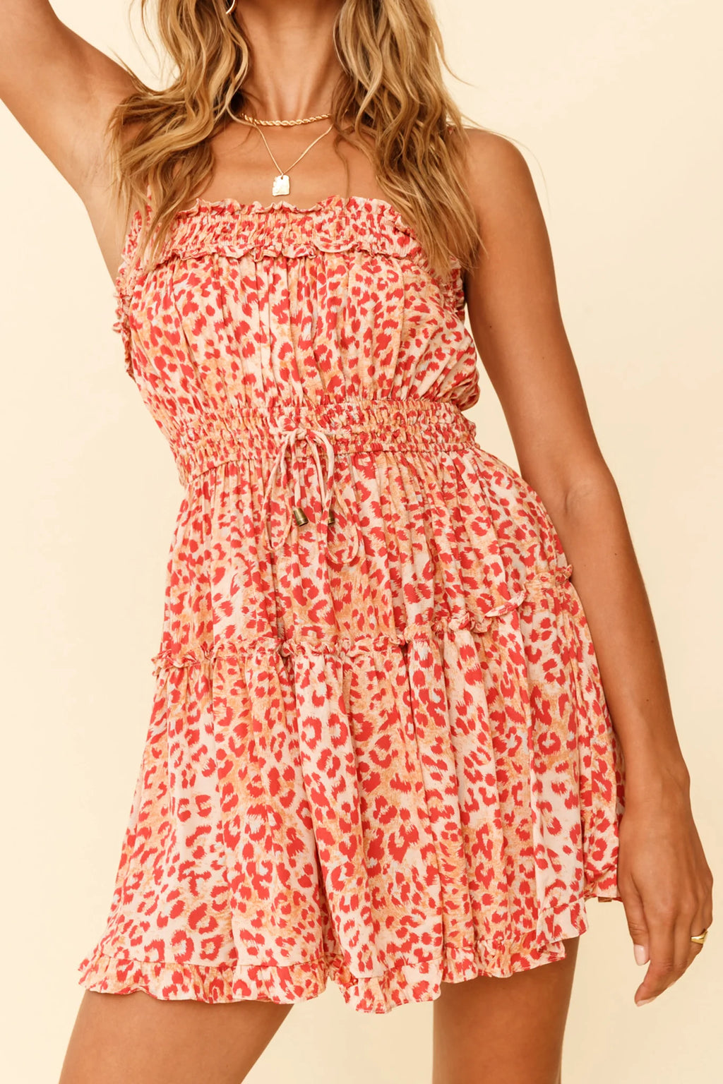 Weekend Escape Cami Strap Drawstring Dress Animal Print Orange