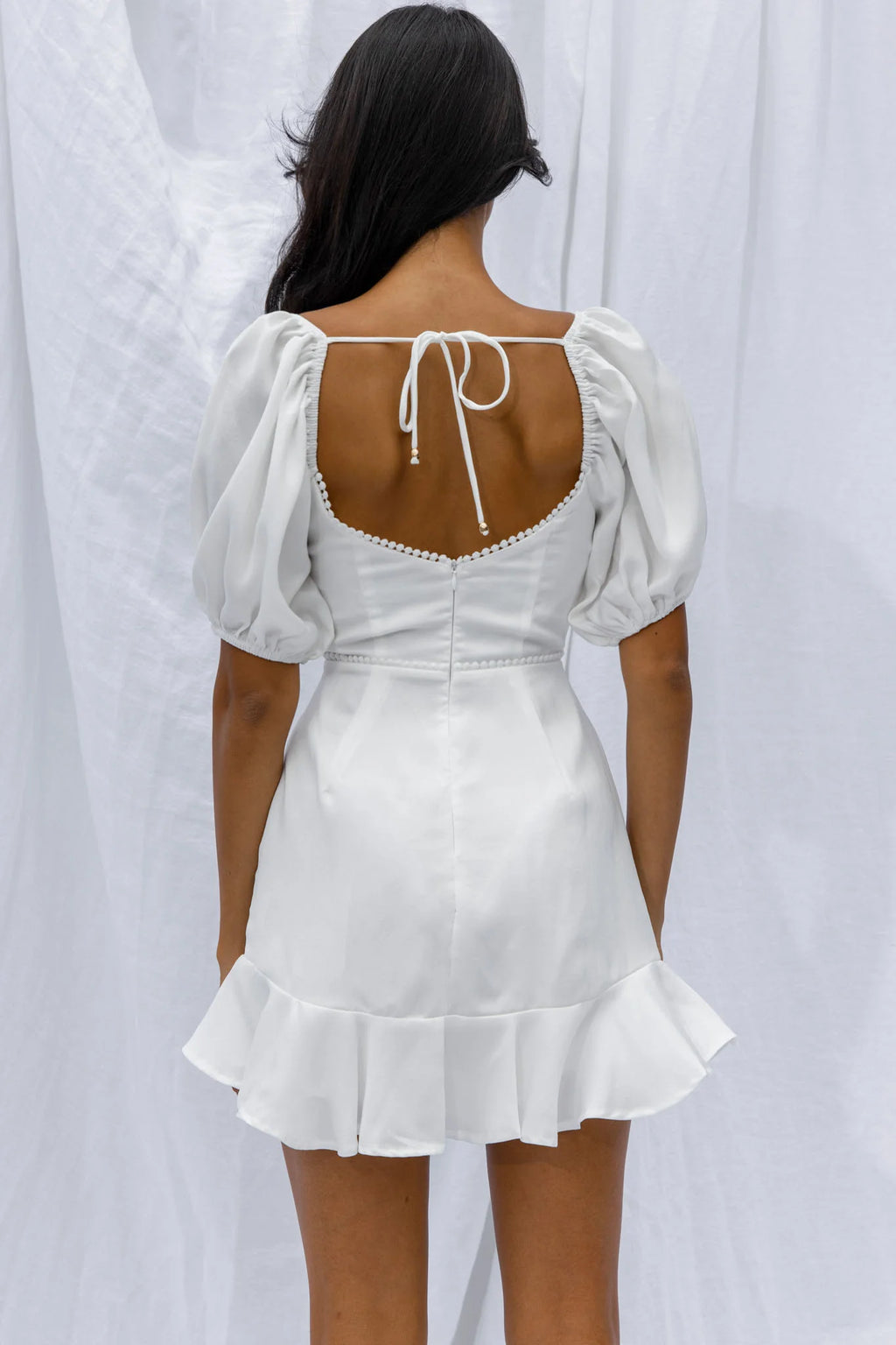 Catch Feelings Sweetheart Neckline Puff Sleeve Dot Trim Dress White