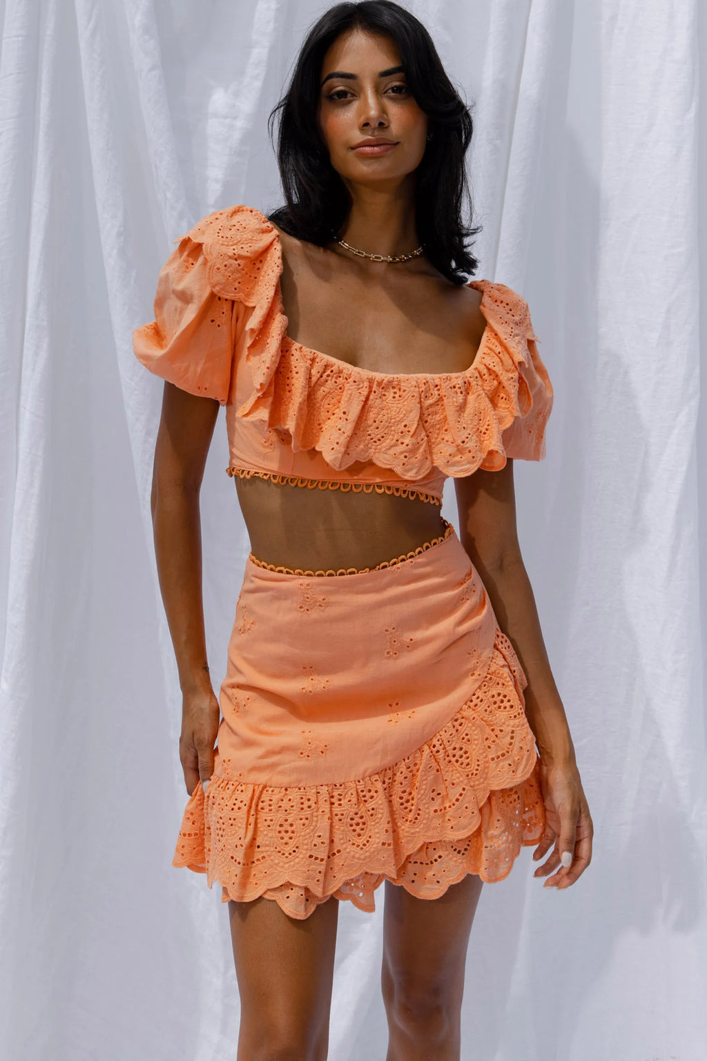 New Moon Scalloped Ruffle Trim Eyelet Skirt Orange