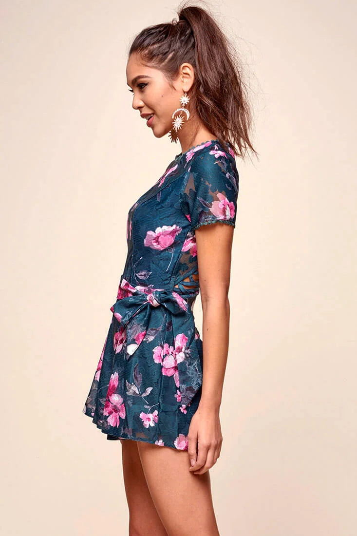 Dawson Floral Lace Back Romper Forest Green