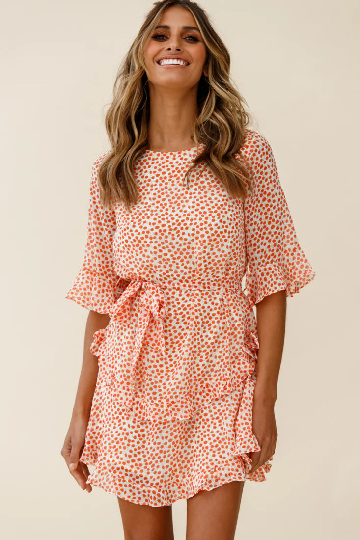 Wife Me Crew Neck Ruffle Insert Dress Polka Dot Orange