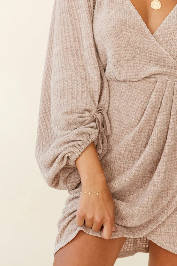 Make Way Balloon Sleeve Knit Wrap Dress Taupe