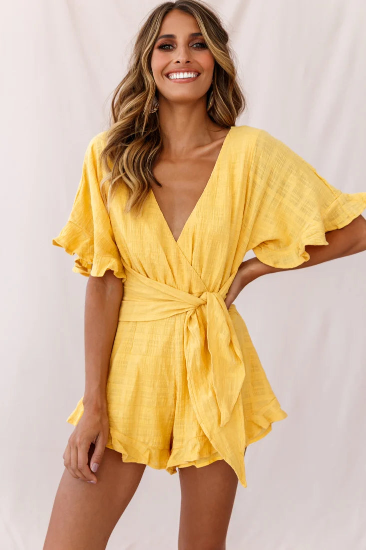 Karin Frill Trim Waist Tie Romper Mustard