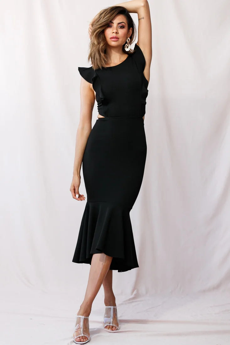 Jackie Wide Ruffle Hem Pinafore Midi Dress Black