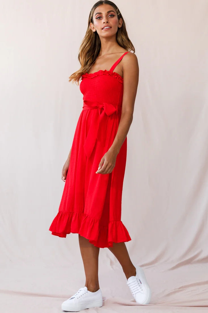 Honey Shirred Frill Midi Dress Red