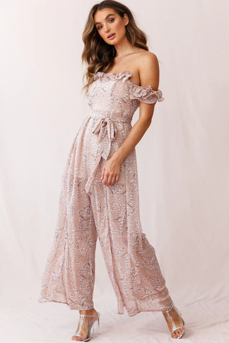 Jazz Bardot Neckline Wide Leg Split Jumpsuit Floral Print Blush
