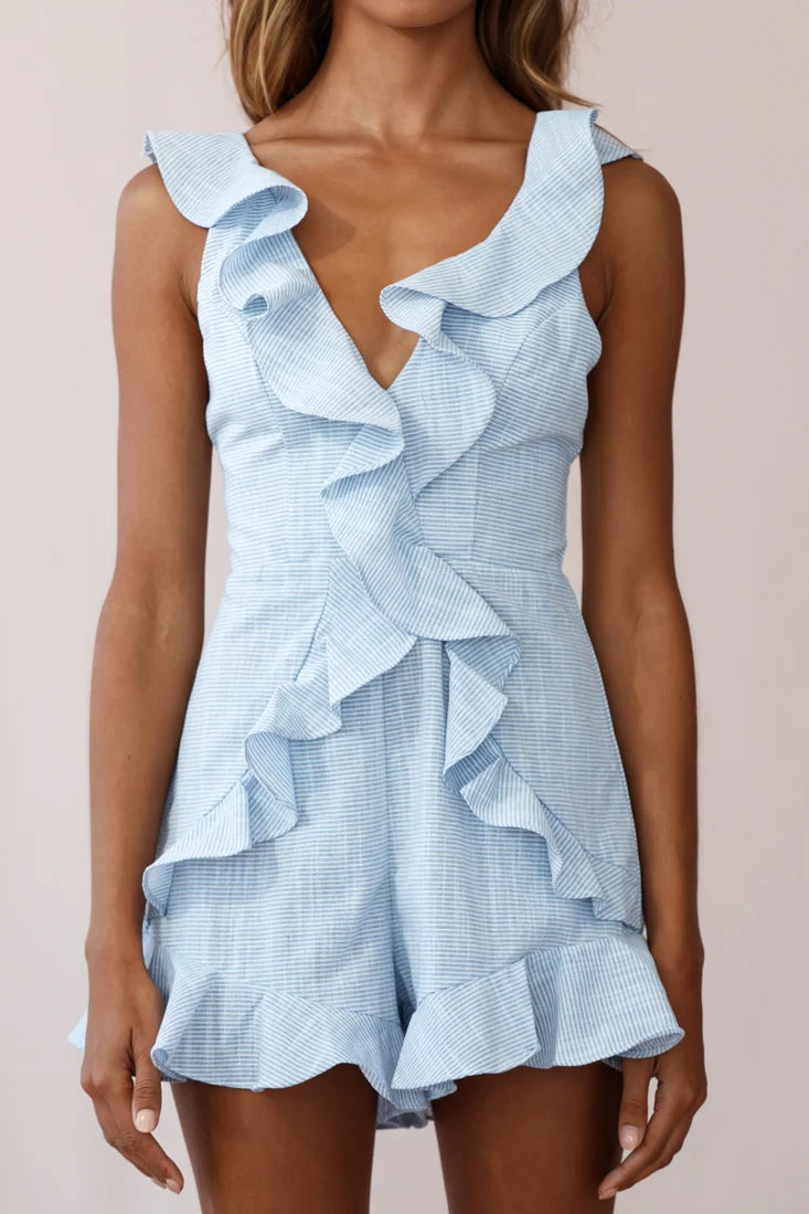 Jojo Thin Stripe Ruffle Strap Romper Blue
