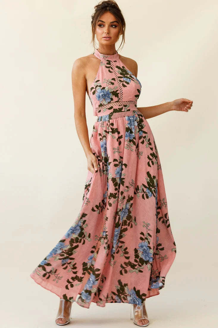 Baylor Floral Halterneck Maxi Dress Pink