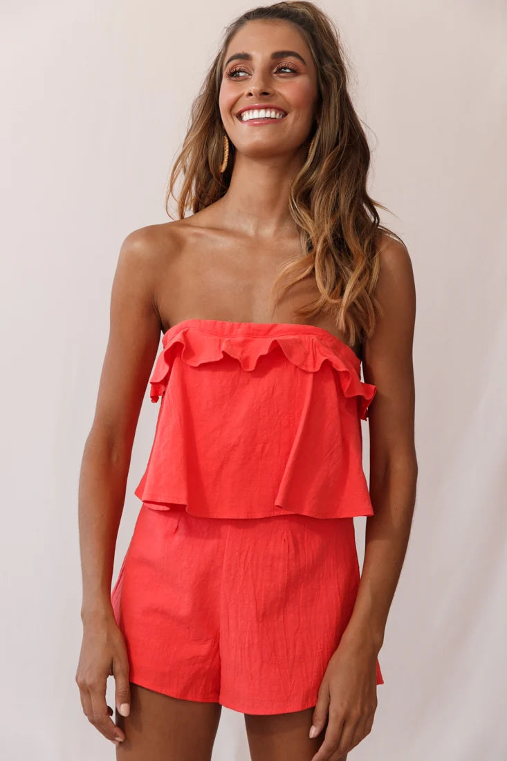 Joey Strapless Tie-Back Romper Orange Tangerine