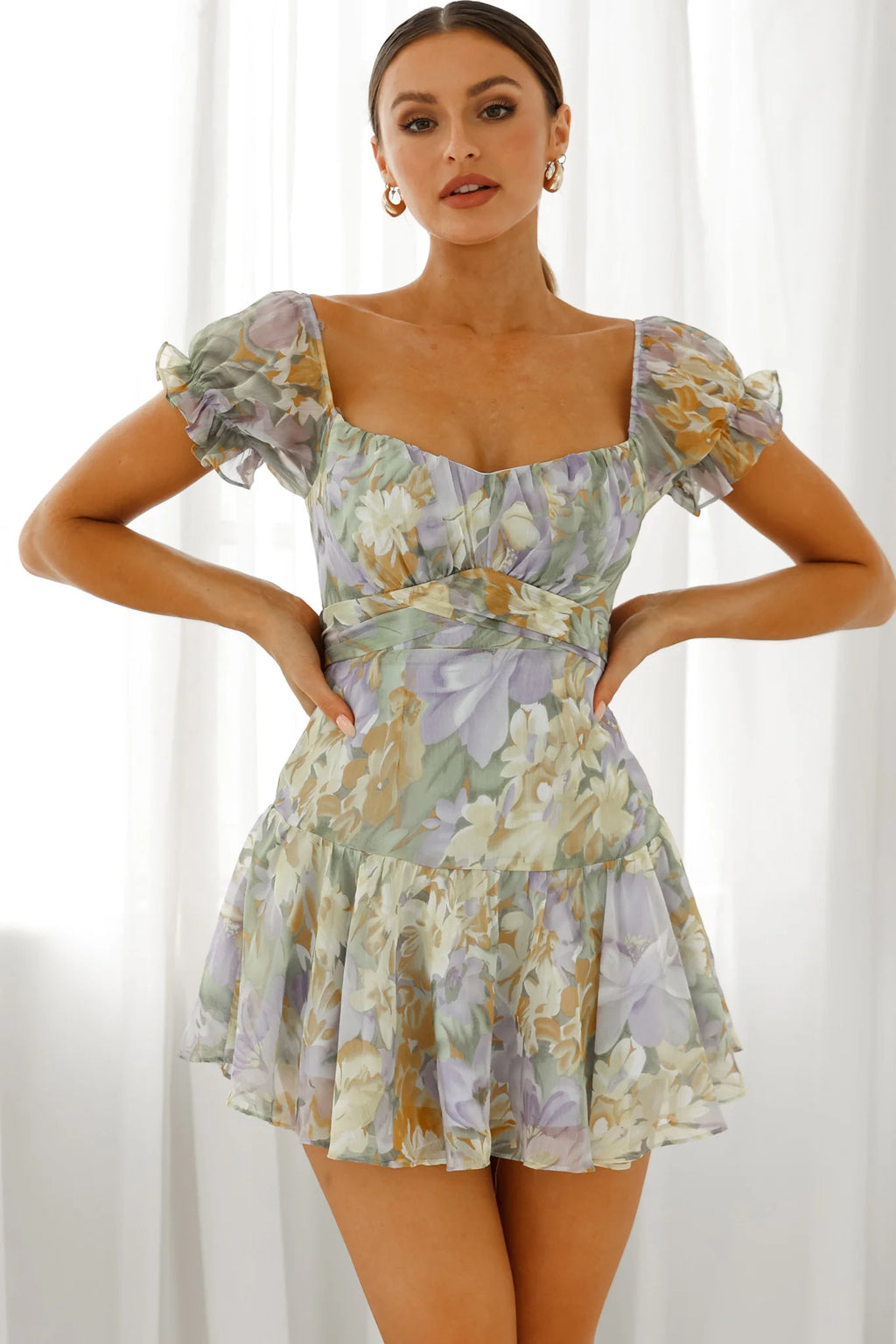 Linka Off-Shoulder Tie Back Fluted Hem Dress Floral Print Yellow