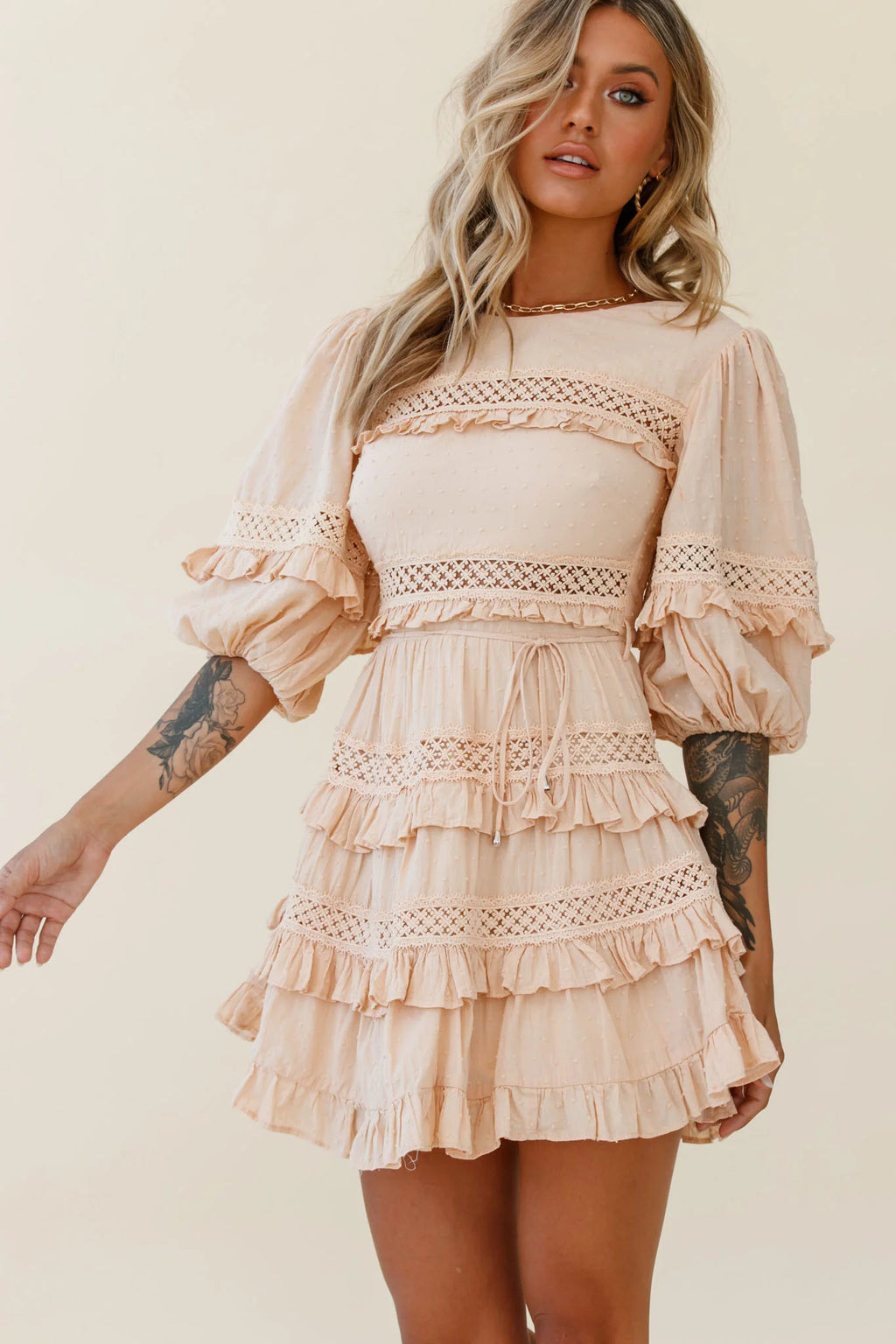 Dream About It Puff Sleeve Frill Dress Nude