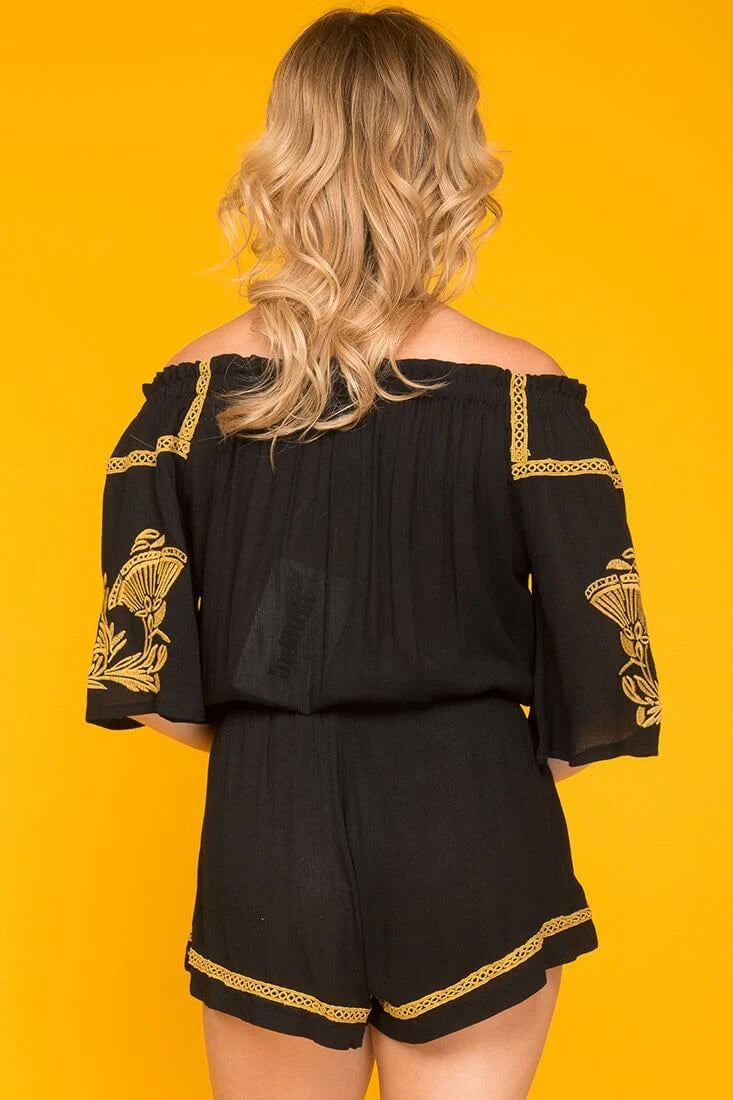 Gabriella Embroidered Tassel Romper Black