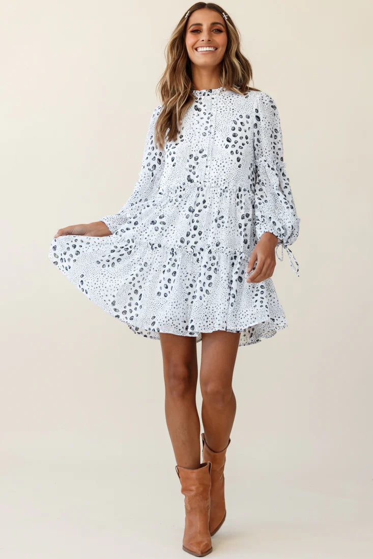 Beatrix High Neck Bell Sleeve Dress Droplet Print White