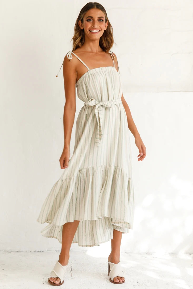 Golden Days Tied-Shoulder Midi Dress Stripe Pattern Olive