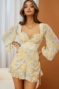 New Romance Long Sleeve Ruched Side Romper Floral Print Yellow