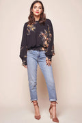 Alejandra Floral Print Bat Sleeve Top Black