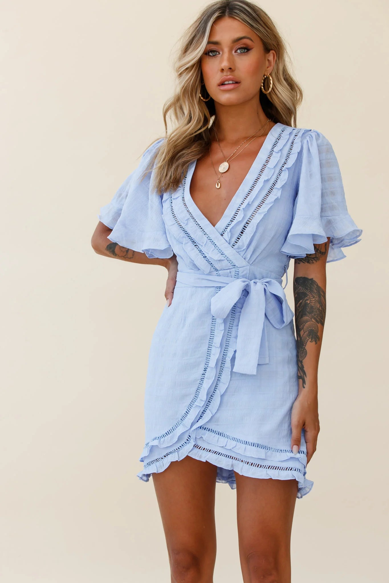 Hastings Angel Sleeve Faux Wrap Dress Steel Blue