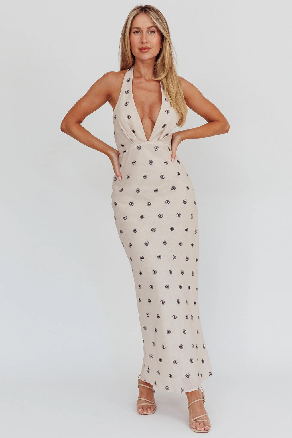 Of Your Dreams Plunging Halter Dress Oat