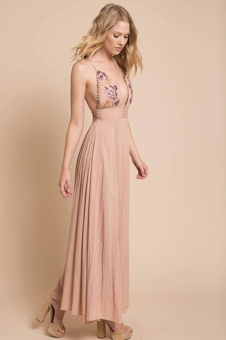 Summer Wedding Embroidered Floral Maxi Dress Mocha